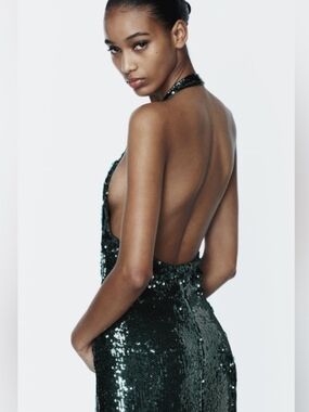 Zara Emerald Sequin Backless Halter Dress